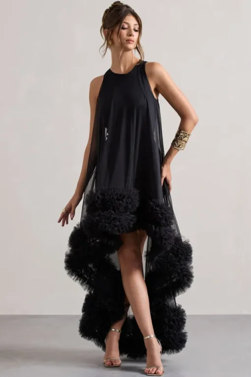 Lacie | Black Sleeveless Mini Dress With Tulle Overlay