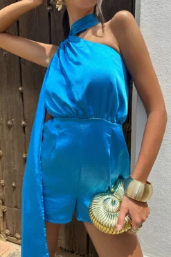 Ladies Day | Blue Satin Scarf Detail Playsuit