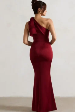 Lady | Berry Satin One Shoulder Maxi Dress With Bow