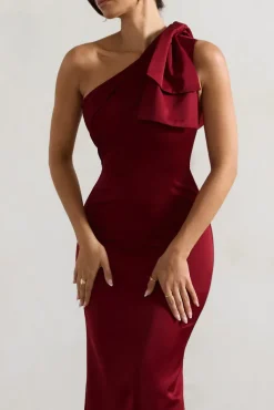 Lady | Berry Satin One Shoulder Maxi Dress With Bow