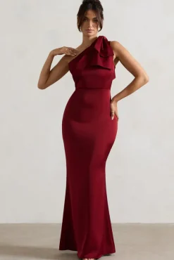 Lady | Berry Satin One Shoulder Maxi Dress With Bow