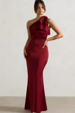 Lady | Berry Satin One Shoulder Maxi Dress With Bow