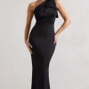Lady | Black Satin One Shoulder Maxi Dress With Bow