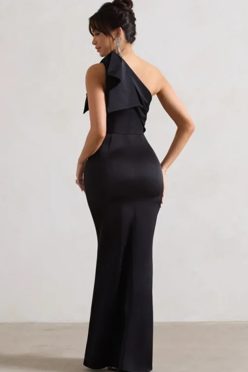Lady | Black Satin One Shoulder Maxi Dress With Bow