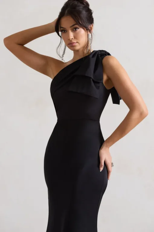 Lady | Black Satin One Shoulder Maxi Dress With Bow