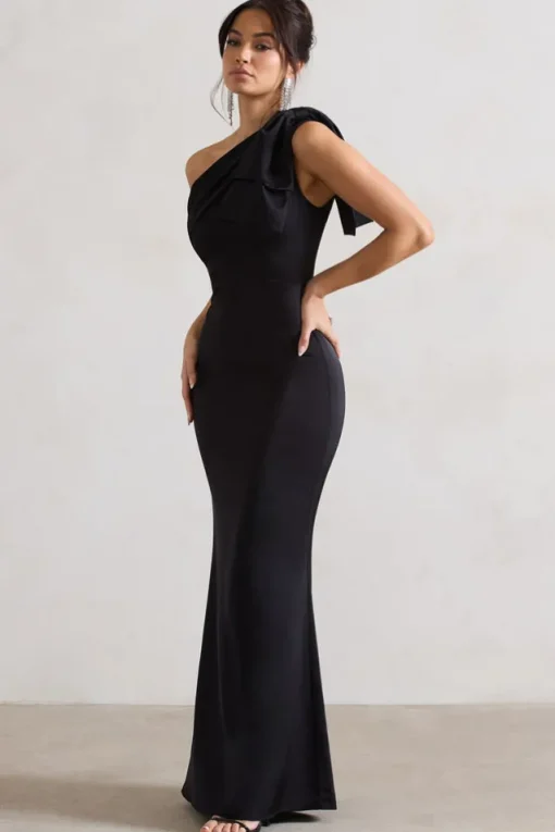 Lady | Black Satin One Shoulder Maxi Dress With Bow