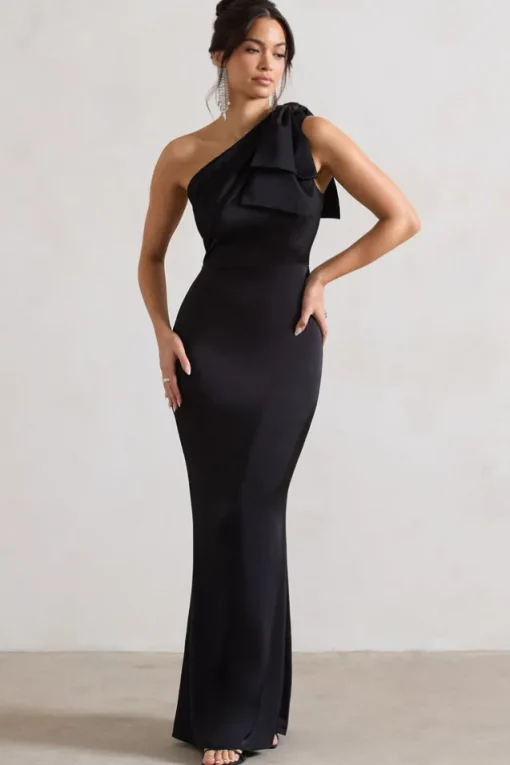 Lady | Black Satin One Shoulder Maxi Dress With Bow