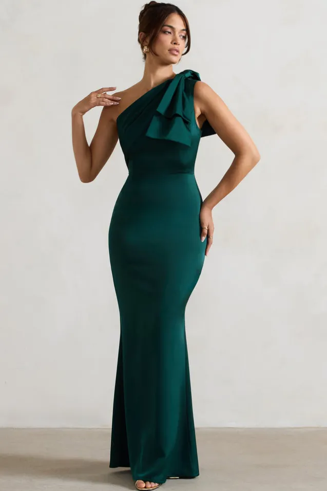 Lady | Bottle Green Satin One Shoulder Maxi Dress With Bow