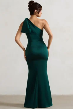 Lady | Bottle Green Satin One Shoulder Maxi Dress With Bow