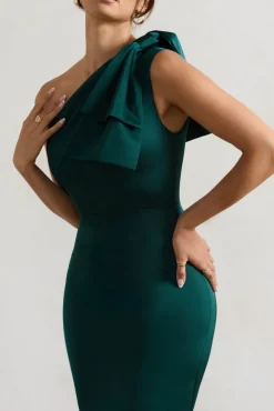 Lady | Bottle Green Satin One Shoulder Maxi Dress With Bow