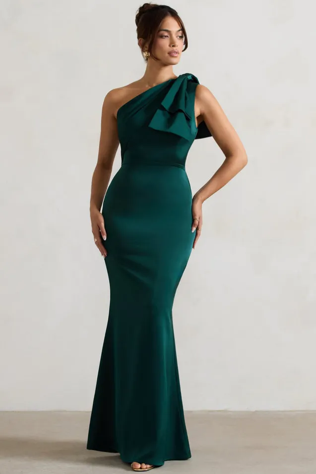 Lady | Bottle Green Satin One Shoulder Maxi Dress With Bow