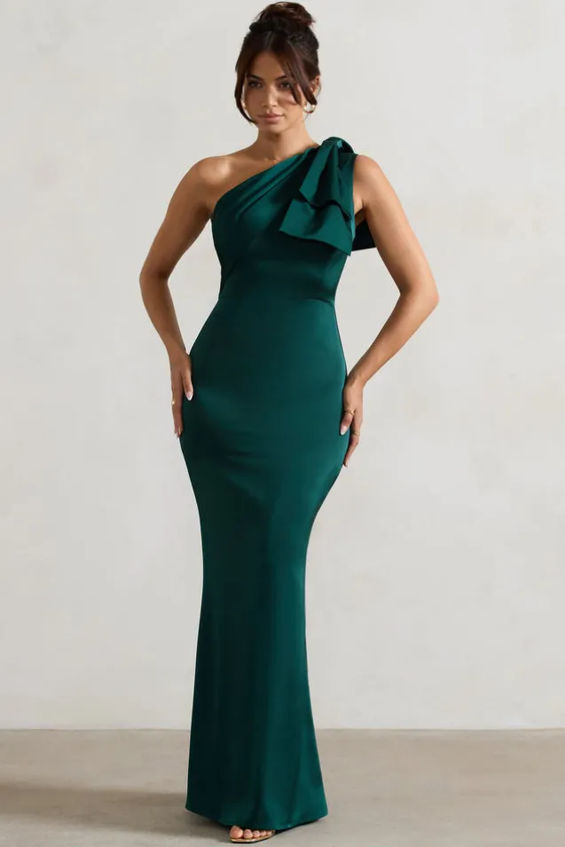 Lady | Bottle Green Satin One Shoulder Maxi Dress With Bow