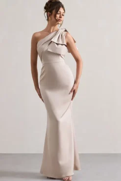 Lady | Champagne Satin One Shoulder Maxi Dress With Bow