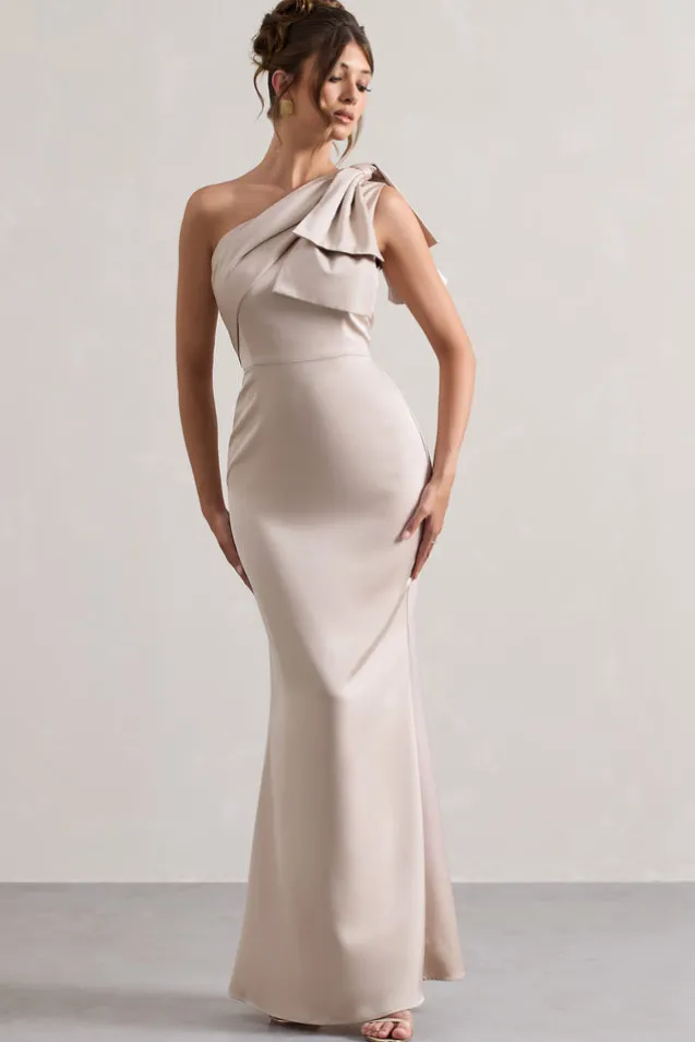 Lady | Champagne Satin One Shoulder Maxi Dress With Bow