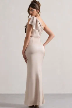 Lady | Champagne Satin One Shoulder Maxi Dress With Bow