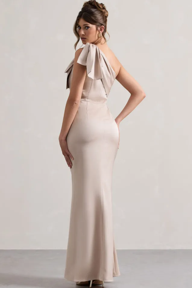 Lady | Champagne Satin One Shoulder Maxi Dress With Bow