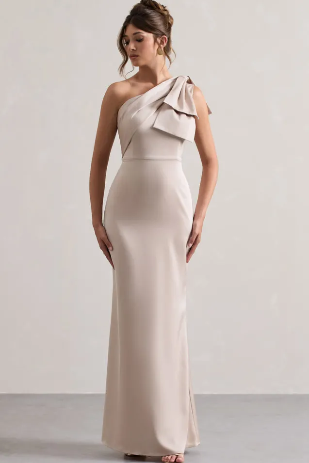 Lady | Champagne Satin One Shoulder Maxi Dress With Bow