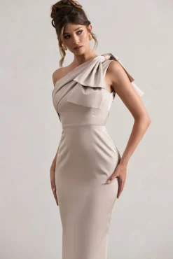 Lady | Champagne Satin One Shoulder Maxi Dress With Bow