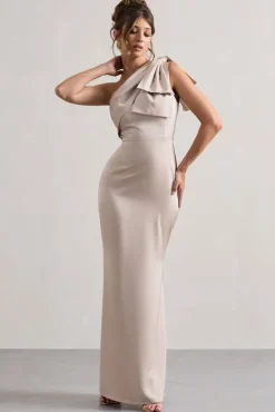 Lady | Champagne Satin One Shoulder Maxi Dress With Bow