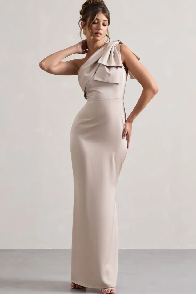 Lady | Champagne Satin One Shoulder Maxi Dress With Bow