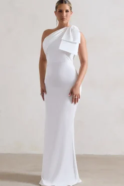 Lady | White Satin One Shoulder Maxi Dress With Bow