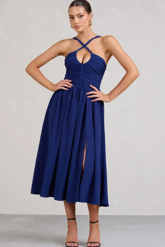 Lady Loren | Navy Ruched Cross-Strap Split Midi Dress