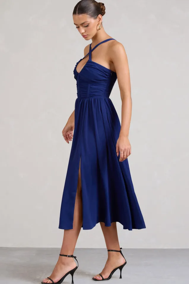 Lady Loren | Navy Ruched Cross-Strap Split Midi Dress