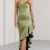Lady Rosselini | Olive Strappy Asymmetric Ruffled Maxi Dress