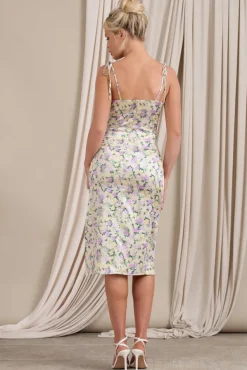 Lady Vitti | Floral Print Satin Strappy Split Midi Dress