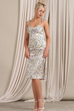 Lady Vitti | Floral Print Satin Strappy Split Midi Dress
