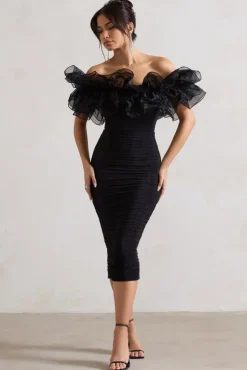 Ladylike | Black Ruched Bardot Midi Dress With Organza Trim
