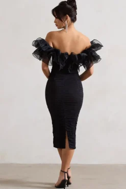 Ladylike | Black Ruched Bardot Midi Dress With Organza Trim