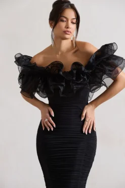 Ladylike | Black Ruched Bardot Midi Dress With Organza Trim