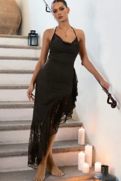 Ladyship | Black Lace Asymmetric Ruffled Maxi Dress