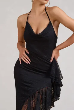 Ladyship | Black Lace Asymmetric Ruffled Maxi Dress