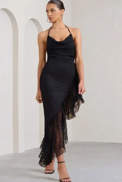 Ladyship | Black Lace Asymmetric Ruffled Maxi Dress