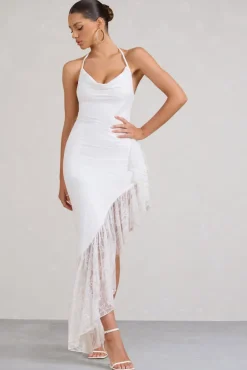 Ladyship | White Lace Asymmetric Ruffled Maxi Dress