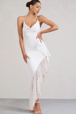 Ladyship | White Lace Asymmetric Ruffled Maxi Dress