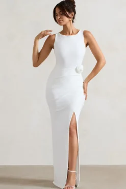 Lainey | White Wrap Maxi Dress With Floral Corsage