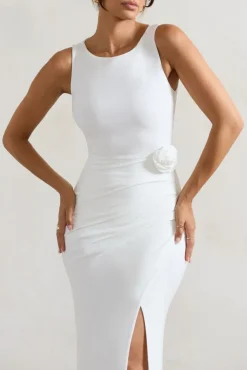 Lainey | White Wrap Maxi Dress With Floral Corsage