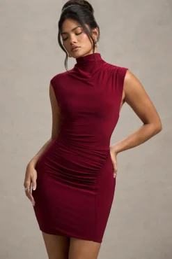 Lalani | Wine Ruched High-Neck Mini Dress
