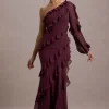 Lalika | Burgundy Asymmetric One-Sleeve Ruffle Maxi Dress