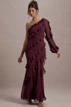 Lalika | Burgundy Asymmetric One-Sleeve Ruffle Maxi Dress