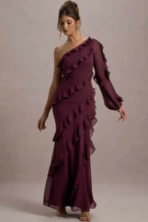 Lalika | Burgundy Asymmetric One-Sleeve Ruffle Maxi Dress