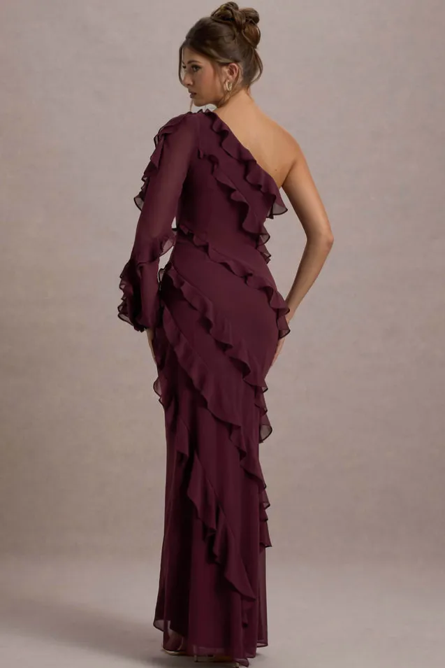 Lalika | Burgundy Asymmetric One-Sleeve Ruffle Maxi Dress