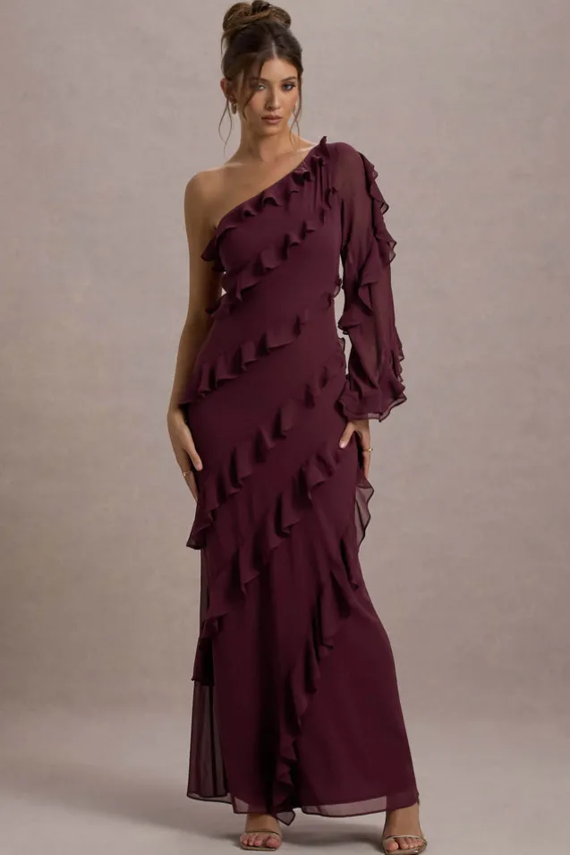 Lalika | Burgundy Asymmetric One-Sleeve Ruffle Maxi Dress