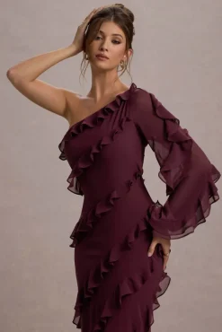 Lalika | Burgundy Asymmetric One-Sleeve Ruffle Maxi Dress