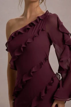 Lalika | Burgundy Asymmetric One-Sleeve Ruffle Maxi Dress