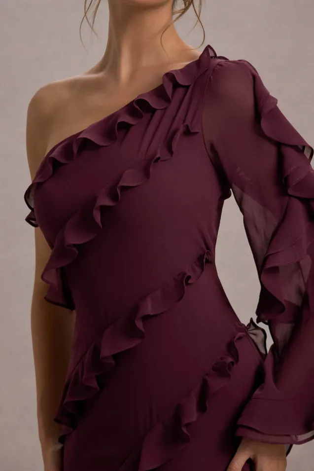 Lalika | Burgundy Asymmetric One-Sleeve Ruffle Maxi Dress