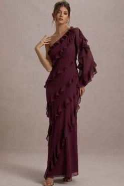 Lalika | Burgundy Asymmetric One-Sleeve Ruffle Maxi Dress